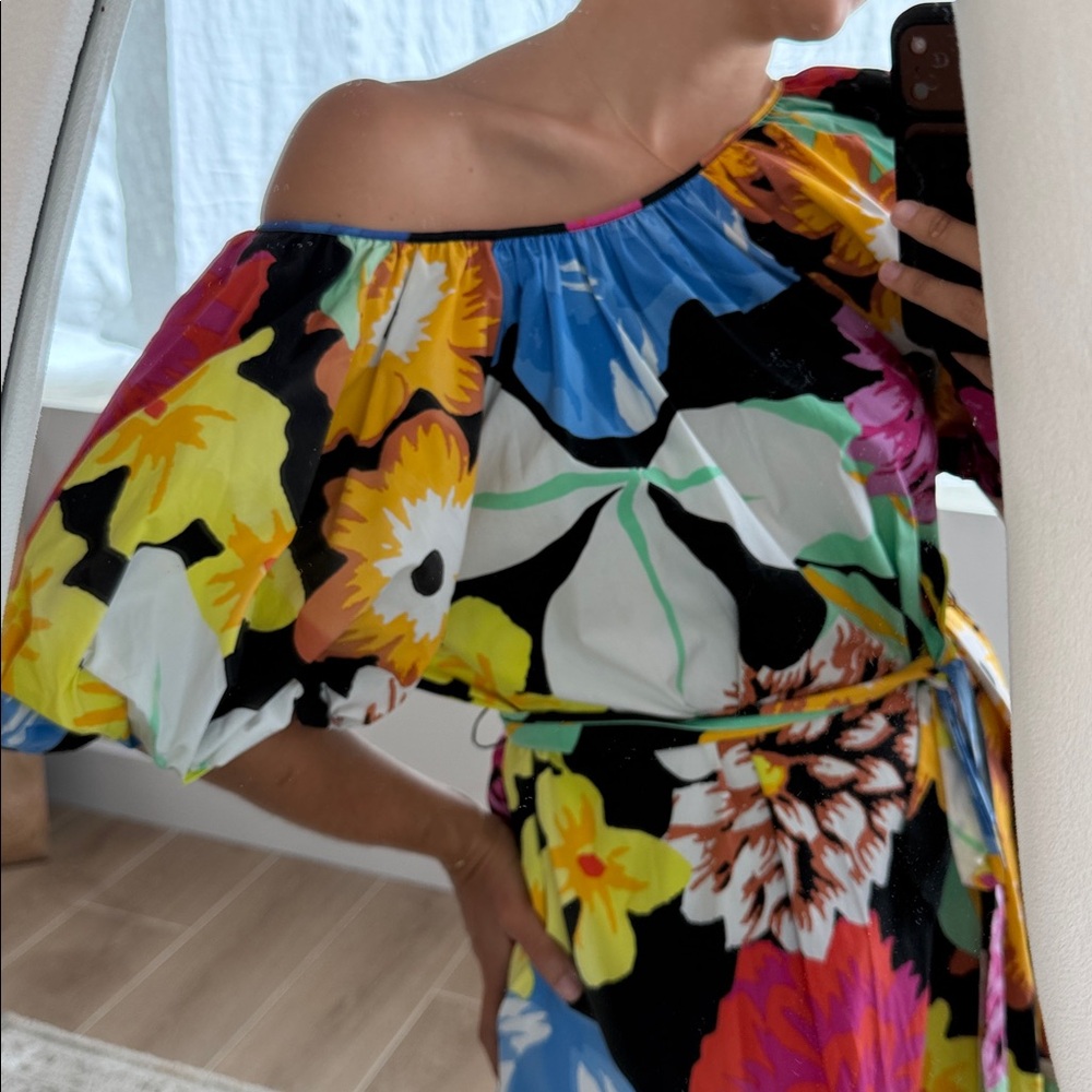 Vintage Womens Floral Dress Maxi Tiered Puff short Sleeve Multicolor Medium